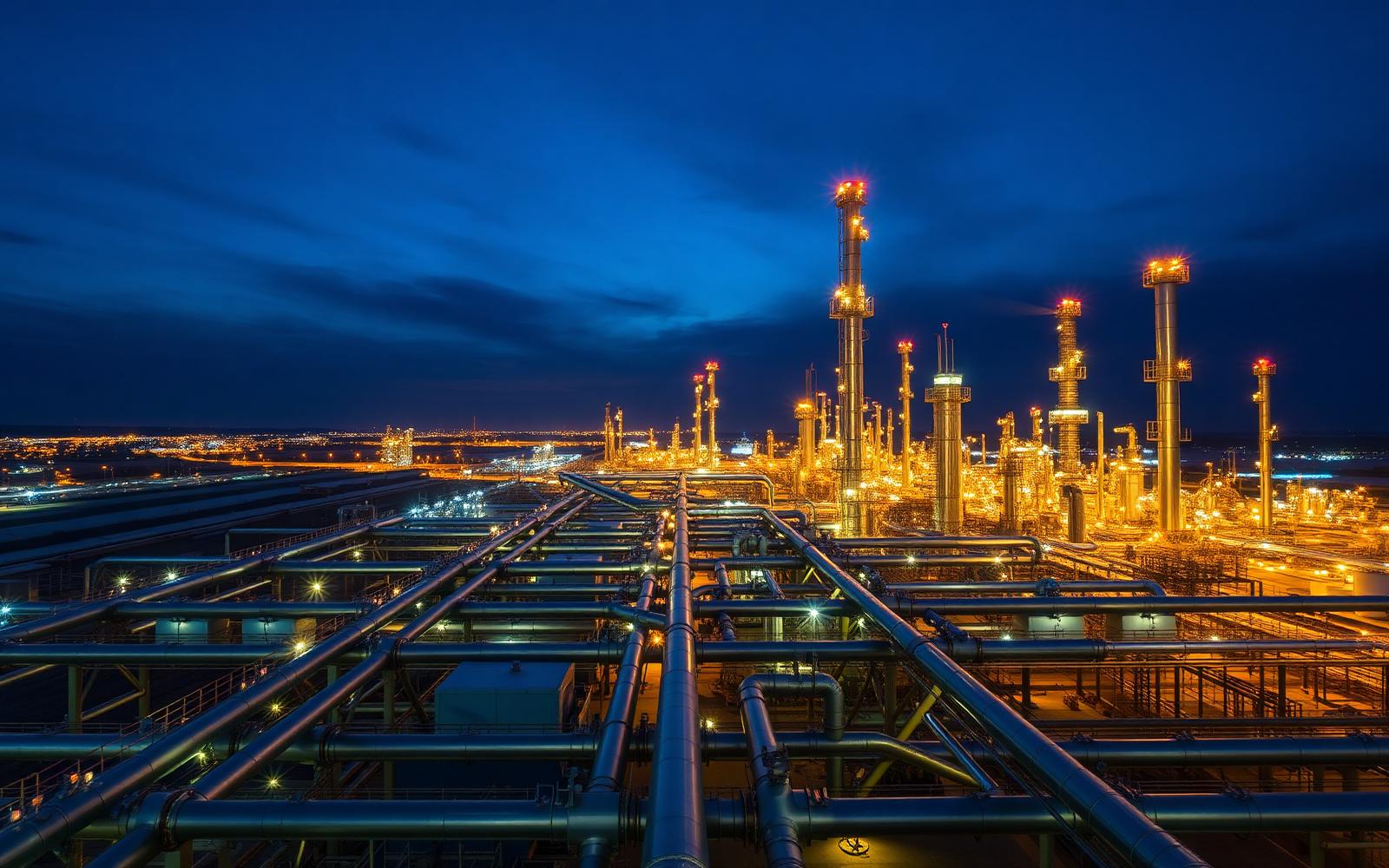 Refinery pipelines at blue hour