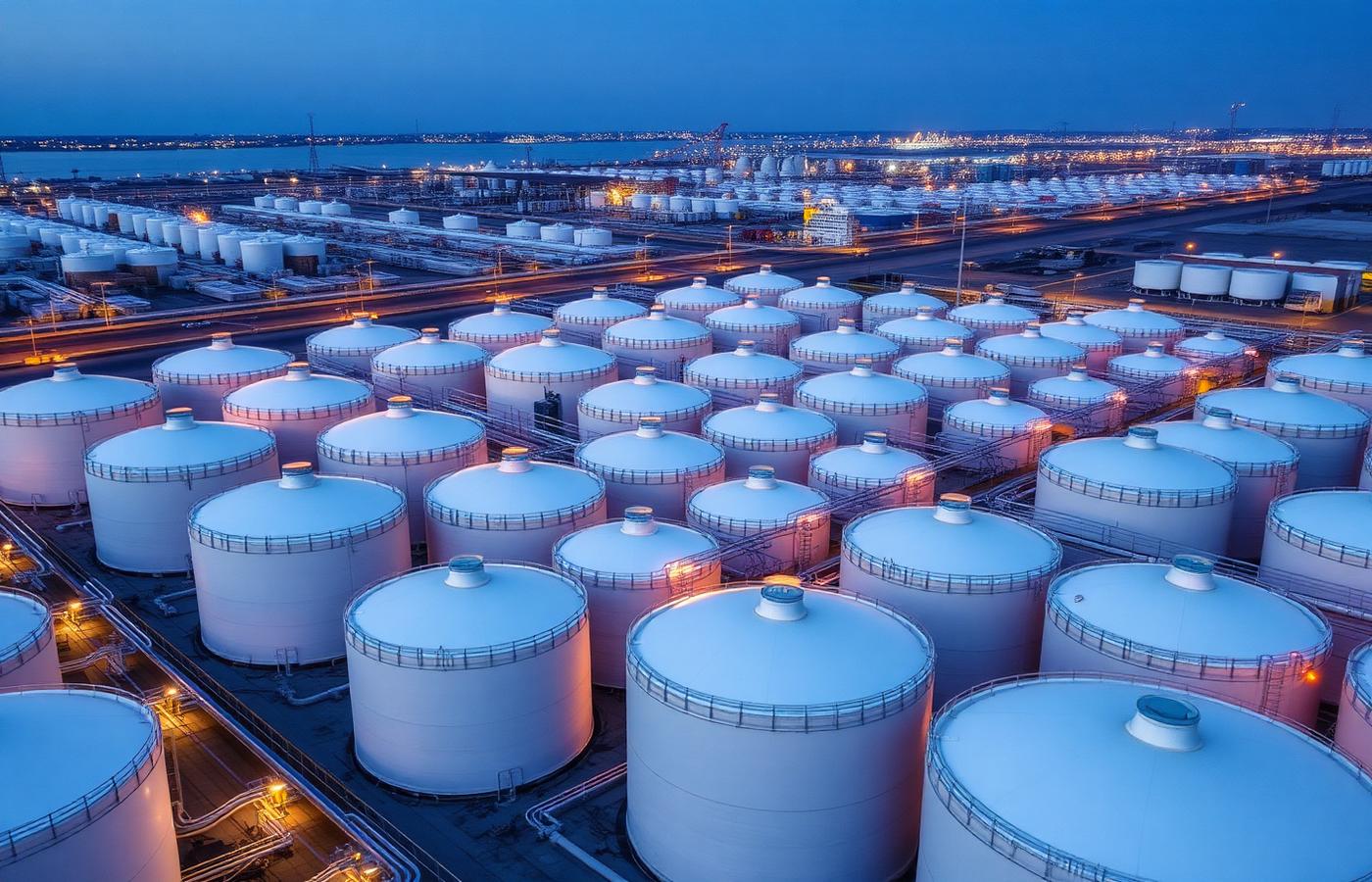 Fuel tank farm at sunset